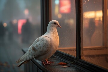Elegant white dove perched by window in soft light, contemplating city scene with blurry figures and colorful bokeh