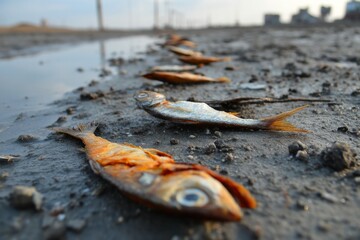 Multiple Dead Fish Lying on Muddy Ground Near Puddle Showing Aftermath of Environmental Pollution on Coastline