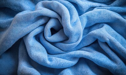 Blue fabric texture, swirling pattern, soft textile, close-up shot, background for design