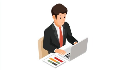 Businessman in suit working at desk with laptop and calculator, a modern office scene