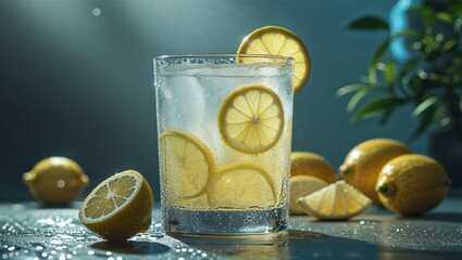 Photorealistic image of a glass of lemon soda