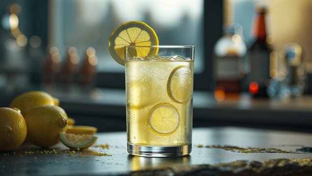 Photorealistic image of a glass of lemon soda