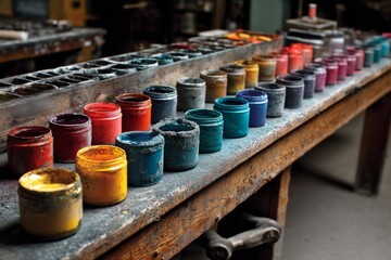 Vibrant jars of colorful pigment on a wooden workbench in a studio, lined in gradient colors for craftwork, painting, and printing