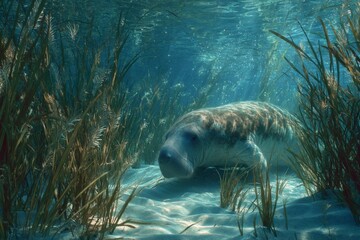 Gentle manatee grazes underwater among seagrass in warm, clear ocean water with filtered sunlight and sandy sea floor.