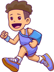 Laufender Junge mit Armschlinge – sportlich unterwegs trotz Verletzung.

