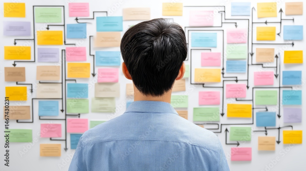 Poster man strategizing with sticky notes, a visual representation of planning and organization
