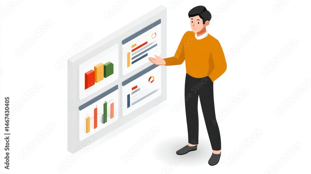 Poster businessman explaining project strategy using a large screen diagram during presentation