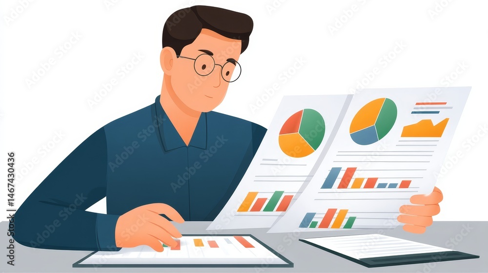 Poster man working productively with tablet at table, a modern workspace setup