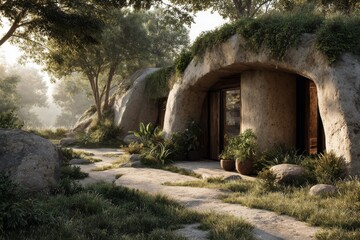 Unique cave dwelling with stone path, nestled in lush greenery, wooden door, and potted plants creating a tranquil, natural retreat.