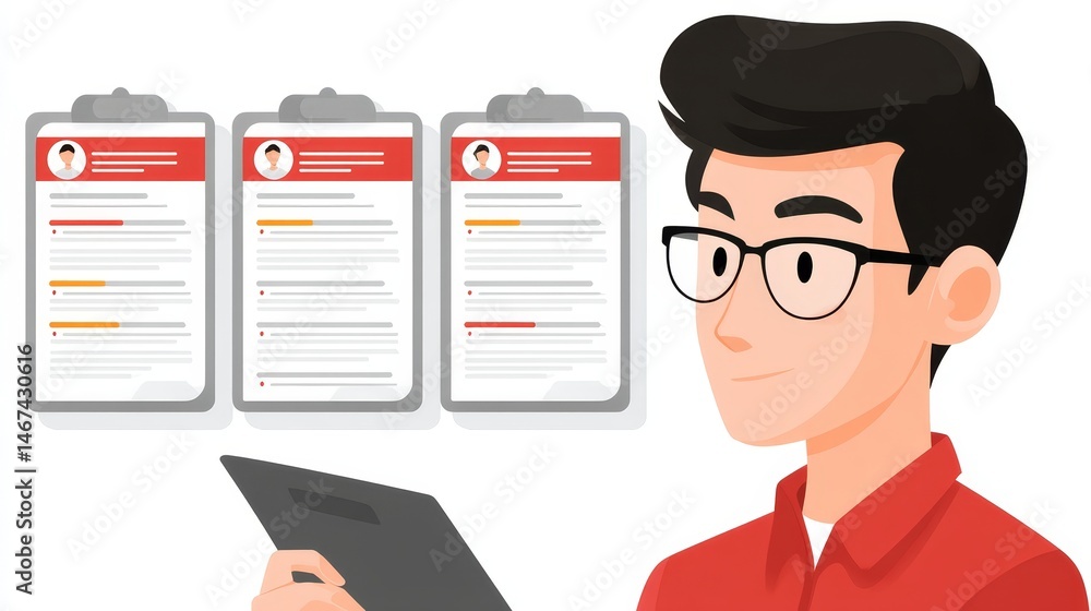 Poster man with tablet and clipboard, streamlining tasks digital organization for enhanced productivity