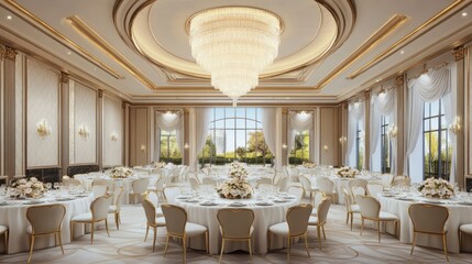 Elegant banquet hall setup with floral arrangements and chandelier