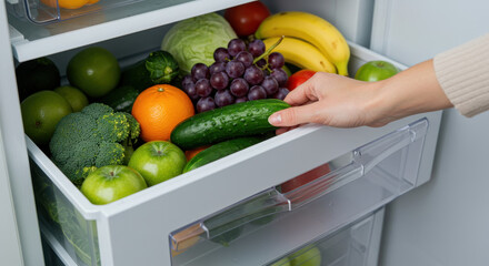 Assorted fruits and vegetables in refrigerator drawer