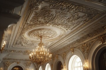 Opulent interior showcasing intricate ceiling moldings, gilded accents, and an elaborate crystal chandelier casting a warm glow.