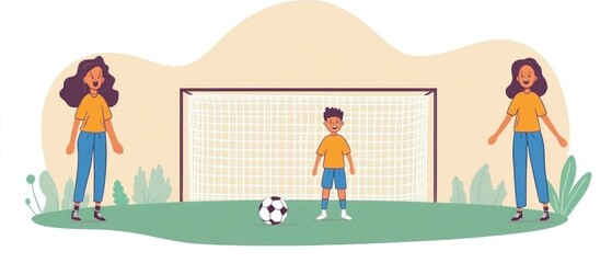 Naklejka premium Boy plays soccer, parents watch, outdoor field. Website/blog use