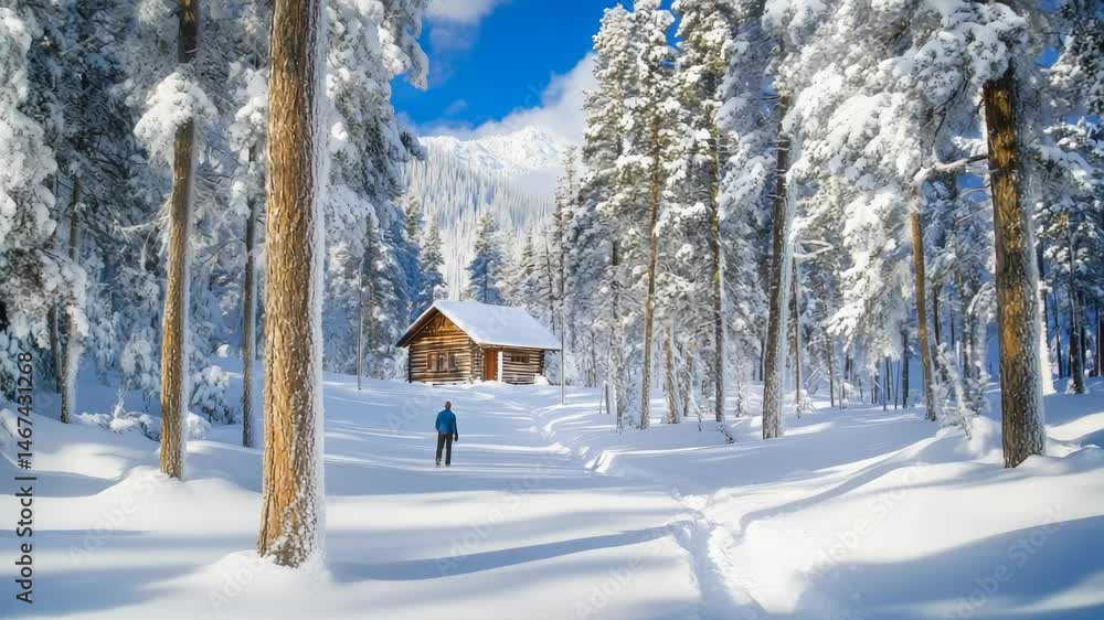 Aufkleber hiker walks toward a snow covered log cabin nestled among snow laden trees in a tranquil winter fore