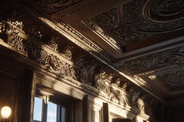 Ornate Woodwork Featuring Intricate Carvings on Ceiling and Walls, Bathed in Warm Light, Showing Glimpse of Blue Sky