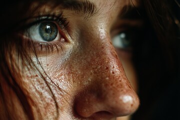 Extreme Close-Up of a Woman's Face with Intense Look, Focusing on the Eye, Freckles, and Skin Texture in Natural Light