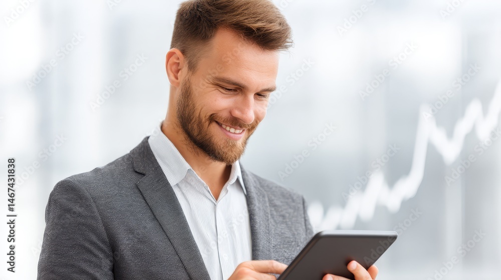 Poster businessman in a sharp suit using tablet for digital tasks and modern communication