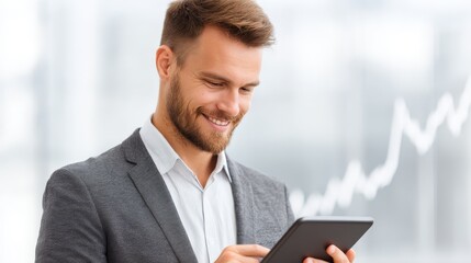 Businessman in a sharp suit using tablet for digital tasks and modern communication