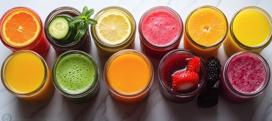 Top view of colorful fresh-pressed juice bottles in circular layout on wood surface highlighting healthy hydration and fruit variety
