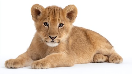 Obraz premium Adorable lion cub relaxing on white, a captivating portrait of young wildlife