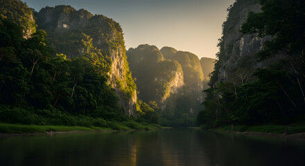 River Flowing Through Mountainous Landscape with Lush Greenery and Sunlight