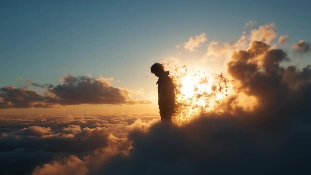 Surreal silhouette of a person dissolving into clouds and golden light at sunset. Concept of transformation, fading identity, and ephemeral human existence