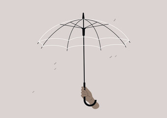 Unique transparent umbrella displayed against simple backdrop, showcasing elegance and utility during a rainy day in a vibrant urban setting
