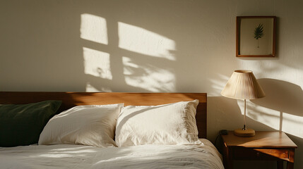 Serene bedroom featuring wooden bed frame, soft white bedding, and stylish lamp casting gentle shadows on wall. minimalist decor creates calming atmosphere