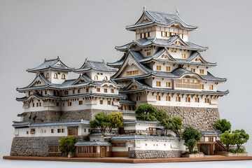 Obraz premium A detailed miniature scale model of a multi-tiered Japanese castle building
