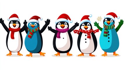 Fototapeta premium Cheerful penguins celebrate winter, festive hats, scarves