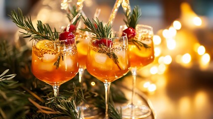Festive holiday aperol spritz cocktails with rosemary and golden decorations