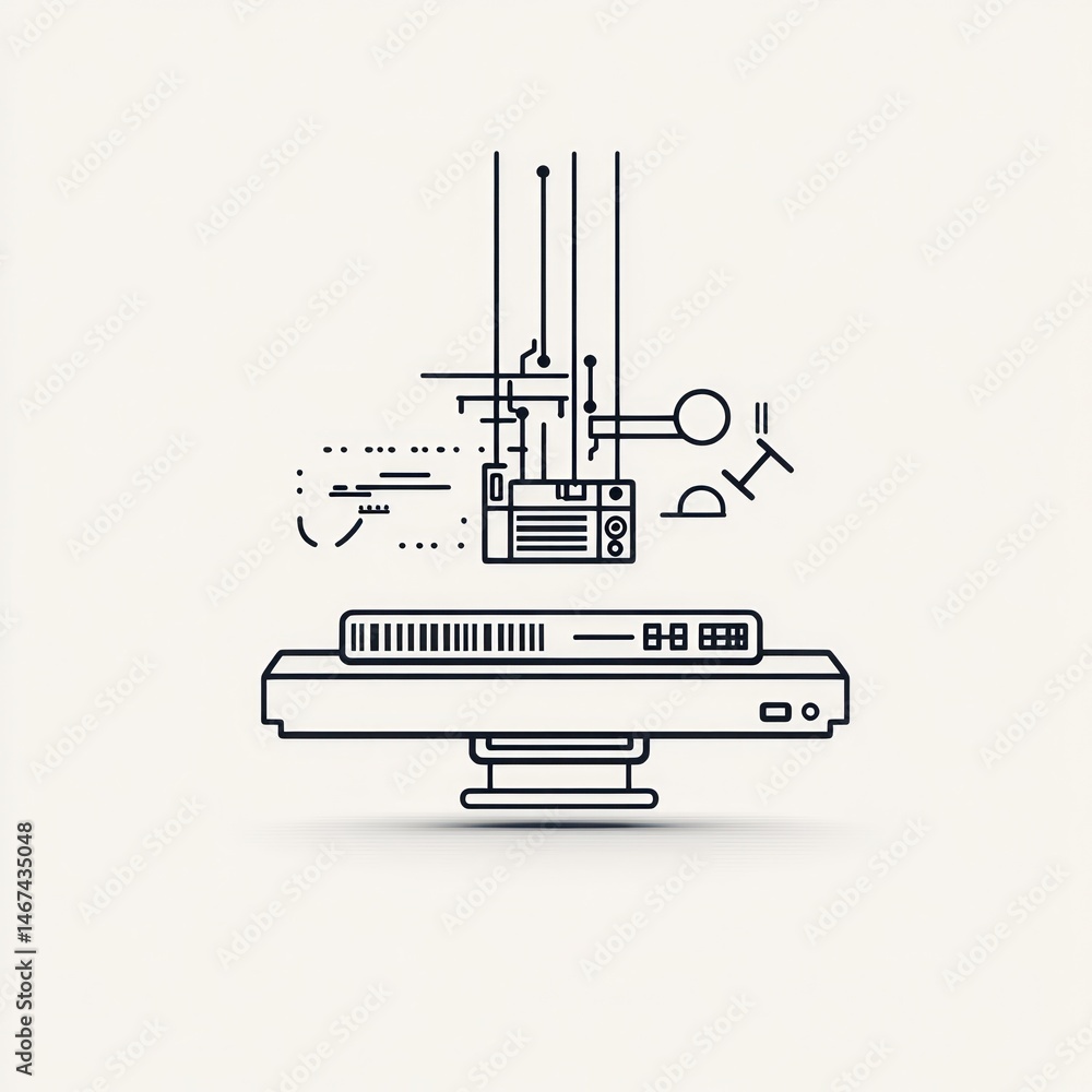 Poster abstract tech device, floating components, simple background; tech illustration