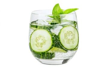 A fresh, chilled glass of cucumber and lime infused water, with cucumber slices clearly visible, isolated on white