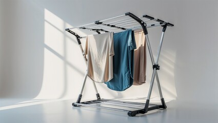 Photorealistic image of a foldable drying rack for laundry with adjustable arms on a white background