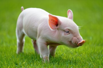 Cute piglet exploring a lush green field under bright sunlight