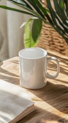 White Coffee Mug on Wooden Table with Natural Light and Greenery