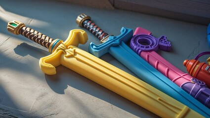 Photorealistic image of a foam sword next to other toys
