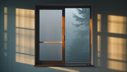 Photorealistic image of a fog outside screened window