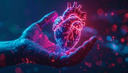 A cyber hand displaying a floating digital heart, transparent and filled with glowing circuits