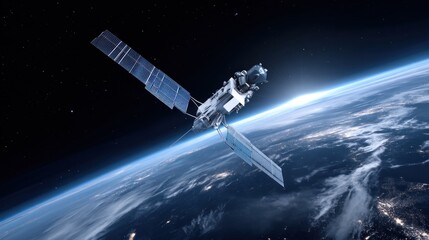 Satellite equipped with solar panels hovers over Earth's blue surface, showcasing space exploration
