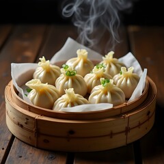A steaming bamboo basket contains freshly made dumplings, showcasing their delicate texture and savory filling.
