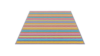 Vibrant and textured carpet with horizontal stripes of multiple colors in a studio setting shot