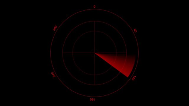 Radar screen animation on black background.Radar point to detect enemy position. Red color Radar Hud technology signal waves animated. Location searching\detection Military surveillance technology. 4k