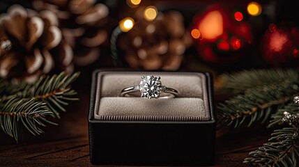 Elegant diamond engagement ring nestled in a gift box, surrounded by Christmas decorations