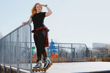 Young Fit Woman Training Daily at Urban Skate Park, Embracing Healthy Lifestyle and Outdoor City...