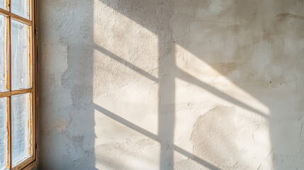 Serene interior scene showcasing textured wall illuminated by soft sunlight casting shadows from window. minimalist aesthetic evokes sense of calm and tranquility