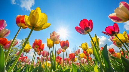 Fototapeta premium Vibrant tulip garden basking under a sunny sky creating spring brilliance