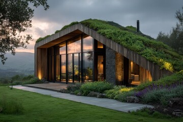 Unique contemporary hillside home with green roof and wood siding featuring large windows in a tranquil rural setting