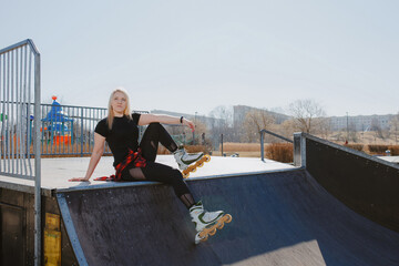 Young Fit Woman Training Daily at Urban Skate Park, Embracing Healthy Lifestyle and Outdoor City...